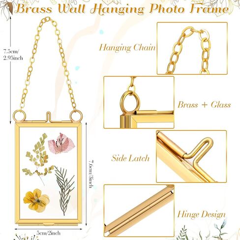 Reginary 8 Pcs 2 x 3 Inch Glass Frame for Pressed Flowers Mini Brass Hanging Photo Picture Frame Floating Glass Frame with Chain for Artwork Art Specimen Wall Plant DIY Gallery Decor (Gold) in Saudi Arabia