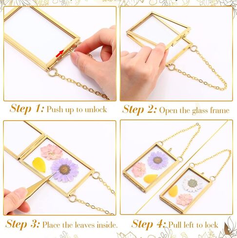 Reginary 8 Pcs 2 x 3 Inch Glass Frame for Pressed Flowers Mini Brass Hanging Photo Picture Frame Floating Glass Frame with Chain for Artwork Art Specimen Wall Plant DIY Gallery Decor (Gold) in Saudi Arabia