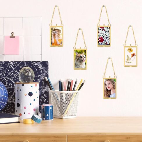 Reginary 8 Pcs 2 x 3 Inch Glass Frame for Pressed Flowers Mini Brass Hanging Photo Picture Frame Floating Glass Frame with Chain for Artwork Art Specimen Wall Plant DIY Gallery Decor (Gold) in Saudi Arabia