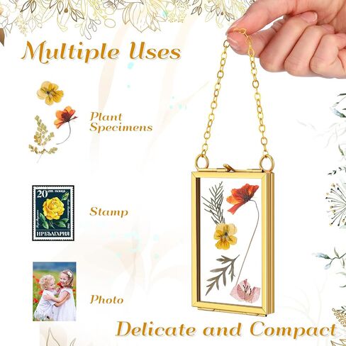 Reginary 8 Pcs 2 x 3 Inch Glass Frame for Pressed Flowers Mini Brass Hanging Photo Picture Frame Floating Glass Frame with Chain for Artwork Art Specimen Wall Plant DIY Gallery Decor (Gold) in Saudi Arabia