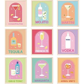 Whaline 9Pcs Cocktail Drink Wall Art Prints 8x10in Colorful Liquor Drink Room Decor Aesthetic Wine Glass Art Poster Decor for Kitchen Bar Man Cave Wall Decor Preppy Room Decor (UNFRAMED)