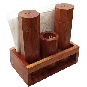 K & R Cocktail Wooden Napkin Holder with Salt and Pepper Shakers I Wooden Napkin Holder for Salt and Pepper Shakers Caddy I Salt and Pepper Shakers Napkin Toothpick Holder I 4 pc