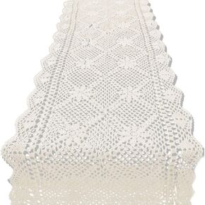 KEPSWET 14x72 inch Beige Cotton Crochet Lace Rectangular Table Runner Handmade Table Decoration
