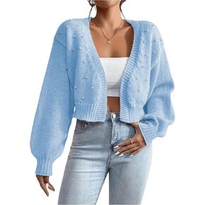 SHENHE Women's Pearl Beaded Open Front V Neck Drop Shoulder Cropped Cardigan Sweater