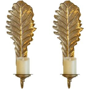 Gold Metal Wall Candle Scones, Set of Two Retro Monstera Leaf Candle Holders, 3inch Pillar Holders for Dining Room& Living Room Decor (Gold Candle Sonce 1)