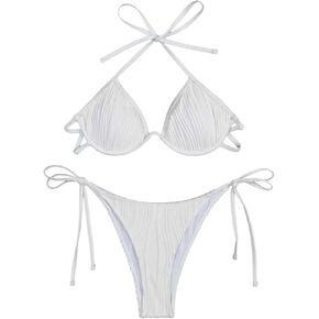 Women's Sexy Pleated Pattern Halter Thong Tie Two Sides Bottom Triangle Bikini Swimsuits