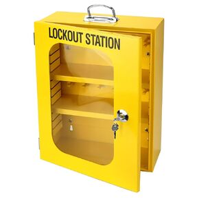 QWORK Lockout Tagout Cabinet, Heavy Duty Loto Station Cabinet with Clear Door & Lock,Wall Mounted Loto Box Cabinet, Steel Construction, Large Capacity Storage for Machine Service, Yellow