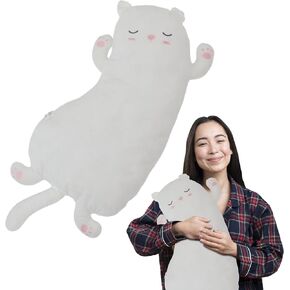 PixieCrush Long Cat Plush Hugging Pillow - Soft Animal Stuffed Toy for Kids - Cat Body Pillow for Girls and Boys - Squishy Kitten Doll for Children - Cat Kid Gifts - White - 26.4 x 12.2 inch