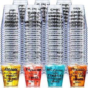 Peryiter 100 Pcs Plastic Shot Glasses 2 oz Disposable Cups Bulk Clear Plastic Sample Cups Transparent Small Tasting Cups Wine Whiskey Container Fun Design for Party Birthday Supplies Wedding, 4 Styles