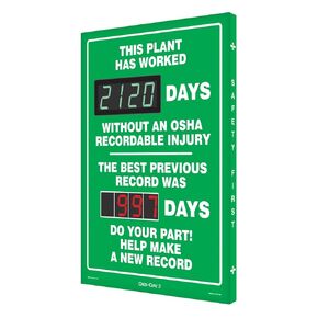 Accuform SCK120 Digi-Day Electronic Scoreboard, "THIS PLANT HAS WORKED _ DAYS W/O AN OSHA RECORDABLE INJURY - THE BEST PREVIOUS RECORD WAS _ DAYS - DO YOUR PART! HELP MAKE A NEW RECORD"