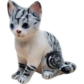 Tiny 1¼" High Sitting White Grey Tabby Cat Figurine - Miniature Hand Made Painted Ceramic Striped Shorthair Kitten Animal Porcelain Clay Pottery Decorative Collectible Figurines Décor Gifts