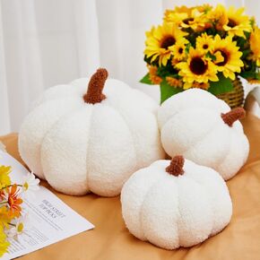 Juexica Halloween Stuffed Pumpkin Fluffy Plush Toy 3D Shaped Decorative Thanksgiving Pillow Soft Cute Throw Kids Toddlers Babies (White, Orange, Brown,3 Pieces)
