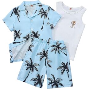 FERWANG Kids Boys 3Pcs Shorts Sets Hawaiian Outfit Leaves Floral Summer Short Sleeve Shirt Top with Vest+shorts Suits