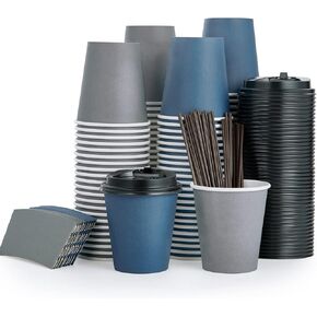 LITOPAK 100 Pack 10 oz Paper Coffee Cups, Disposable Coffee Cups with Lids, Sleeves and Stirring Sticks, Hot Coffee Cup, Disposable Paper Cups, Drinking Cups for Hot Coffee, Water or Juice