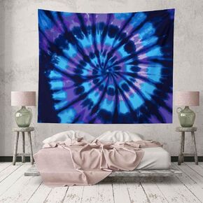 Blue Tie Dye Spiral Tapestry, Psychedelic Purple Blue Black Colorful Dyed Batik Art Wall Hangings Tapestry for Bedroom Living Room Office Dorm Man Cave Background(80x60 Inch)