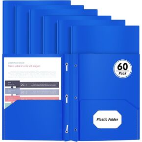 60-Pack Heavy Duty Plastic Folder, 2 Pocket Letter Size Poly File, Plastic Folders with 3-Prong Fasteners (Assorted Color)