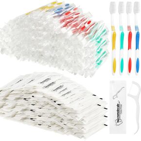 Mifoci 300 Pcs Toothbrushes Bulk Individually Wrapped Toothbrushes with Dental Floss Set 100 Soft Bristle Toothbrushes 200 Floss for Travel Office School Hotel Guest Homeless Holiday Gifts