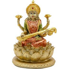 alikiki 6.5" H Sarswati Sitting on Lotus Figurines in Antique Gold Hindu God Staute for Home Office Mandir Altar Pooja Item Indian Saraswati Idol Statue for Diwali Puja Gifts