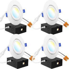 Sunco 4 Pack 4 Inch Gimbal LED Recessed Light Slim, 900LM High Brightness, 2700K/3000K/4000K/5000K/6000K Selectable, 8W, Angled Directional Canless Downlight with JBox - ETL & FCC