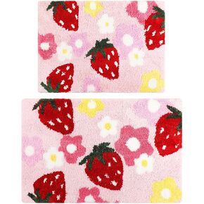 2 Pcs 15.75 x 23.62 Inch 19.69 x 31.5 Inch Cute Bath Mat Strawberry Bathroom Rugs Non Slip Absorbent Soft Cozy Bathroom Mat Flower Door Mat Shaggy Kids Bath Rug for Shower Decor (Pink)