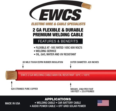 EWCS 2 Gauge Premium Extra Flexible Welding Cable 600 VOLT - Red - 20 Feet - Made in The USA in Saudi Arabia