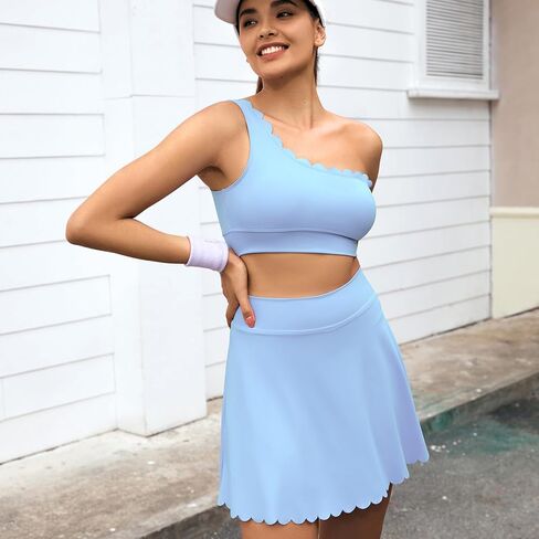 فستان تنس نسائي من قطعتين من IFFEI مع حمالة صدر مدمجة وسروال قصير وجيب واحد وكتف واحد مزين بالدانتيل وتنورات رياضية للتمرين in Kuwait