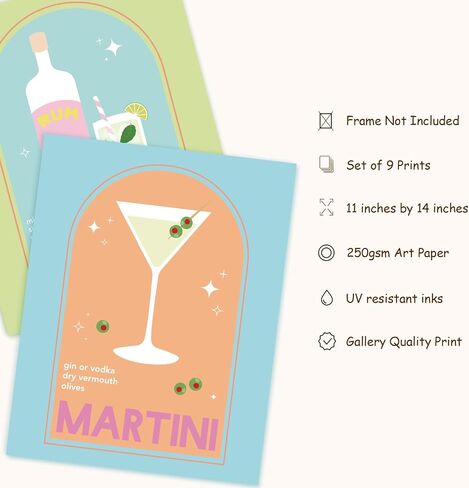 Whaline 9Pcs Cocktail Drink Wall Art Prints 8x10in Colorful Liquor Drink Room Decor Aesthetic Wine Glass Art Poster Decor for Kitchen Bar Man Cave Wall Decor Preppy Room Decor (UNFRAMED) in Saudi Arabia