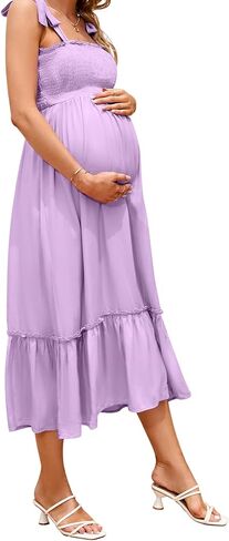 FUNJULY Maternity Smocked Summer Casual Dress Spaghetti Strap Sleeveless Ruffle Boho Swing Maxi Dress Baby Shower Photoshoot in Saudi Arabia