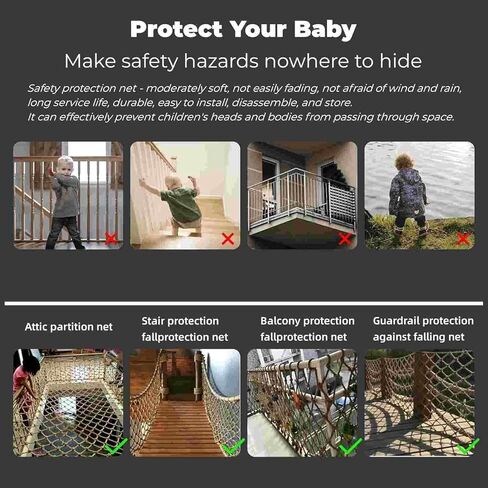 شبكة أمان من حبل القنب، شبكة تسلق للأطفال في الهواء الطلق، شبكة أمان لشرفة السلالم، والسور، والحديقة، والملعب، وبيت الشجرة والديكور (12 مم - 10 سم، 6.6 قدم × 9.9 قدم) in Kuwait