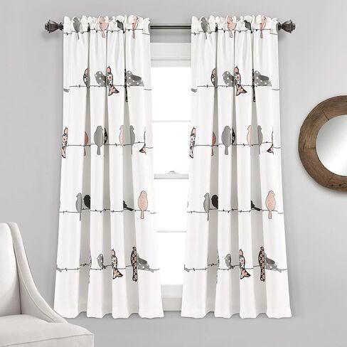 Lush Decor Rowley Birds Light Filtering Window Curtain Panels, Pair, 52" W x 63" L, Blush & Gray - Colorful Floral Print - Whimsical & Playful Bird Curtains For Bedroom, Living Room, Or Dining Room in Saudi Arabia