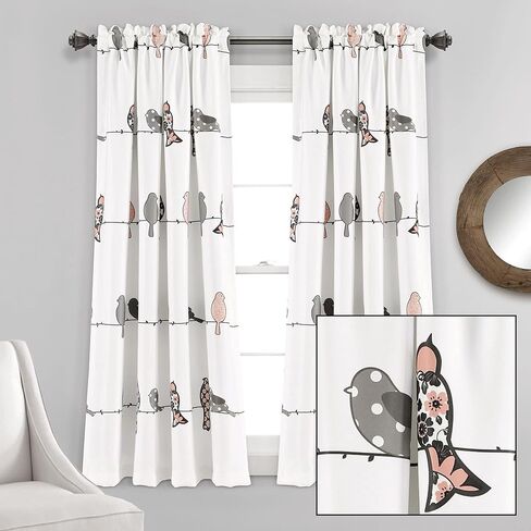 Lush Decor Rowley Birds Light Filtering Window Curtain Panels, Pair, 52" W x 63" L, Blush & Gray - Colorful Floral Print - Whimsical & Playful Bird Curtains For Bedroom, Living Room, Or Dining Room in Saudi Arabia