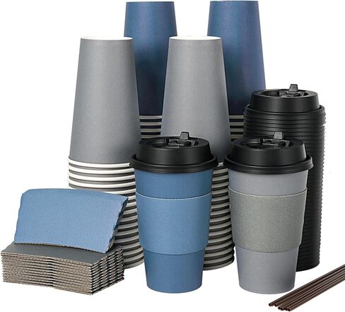 LITOPAK 100 Pack 10 oz Paper Coffee Cups, Disposable Coffee Cups with Lids, Sleeves and Stirring Sticks, Hot Coffee Cup, Disposable Paper Cups, Drinking Cups for Hot Coffee, Water or Juice in Saudi Arabia