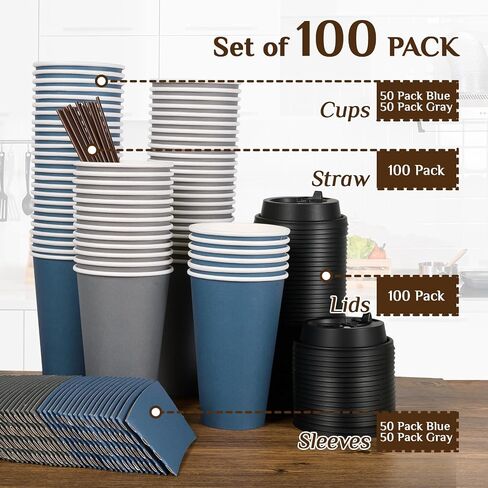 LITOPAK 100 Pack 10 oz Paper Coffee Cups, Disposable Coffee Cups with Lids, Sleeves and Stirring Sticks, Hot Coffee Cup, Disposable Paper Cups, Drinking Cups for Hot Coffee, Water or Juice in Saudi Arabia