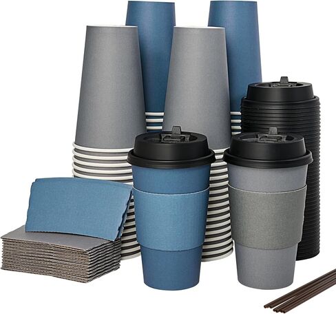 LITOPAK 100 Pack 10 oz Paper Coffee Cups, Disposable Coffee Cups with Lids, Sleeves and Stirring Sticks, Hot Coffee Cup, Disposable Paper Cups, Drinking Cups for Hot Coffee, Water or Juice in Saudi Arabia