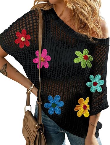 Womens Summer Crochet Tops Scoop Neck Short Sleeve Pullover Sweater Hollow Out Knit Tops Shirts Beach Cover Ups in Saudi Arabia