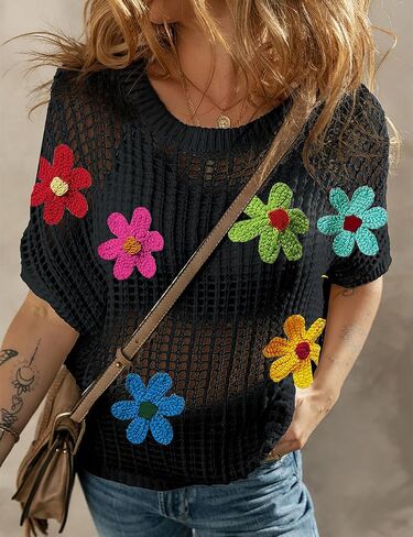 Womens Summer Crochet Tops Scoop Neck Short Sleeve Pullover Sweater Hollow Out Knit Tops Shirts Beach Cover Ups in Saudi Arabia