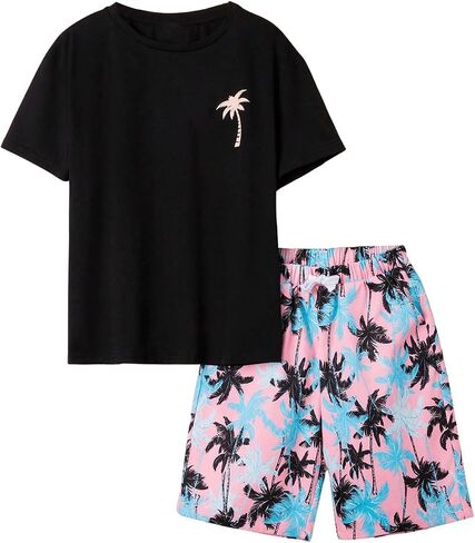 Boy's 2 Piece Outfits Letter and Tropical Graphic Print Short Sleeve Crewneck Tee and Shorts in Saudi Arabia