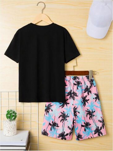 Boy's 2 Piece Outfits Letter and Tropical Graphic Print Short Sleeve Crewneck Tee and Shorts in Saudi Arabia