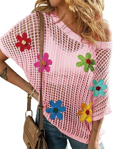 Womens Summer Crochet Tops Scoop Neck Short Sleeve Pullover Sweater Hollow Out Knit Tops Shirts Beach Cover Ups in Saudi Arabia