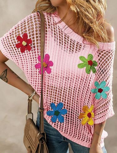 Womens Summer Crochet Tops Scoop Neck Short Sleeve Pullover Sweater Hollow Out Knit Tops Shirts Beach Cover Ups in Saudi Arabia