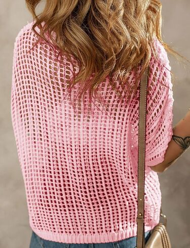 Womens Summer Crochet Tops Scoop Neck Short Sleeve Pullover Sweater Hollow Out Knit Tops Shirts Beach Cover Ups in Saudi Arabia
