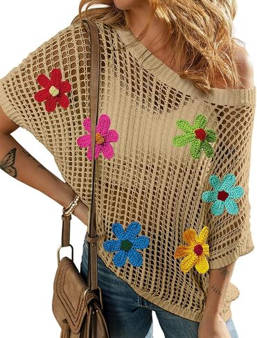 Womens Summer Crochet Tops Scoop Neck Short Sleeve Pullover Sweater Hollow Out Knit Tops Shirts Beach Cover Ups in Saudi Arabia