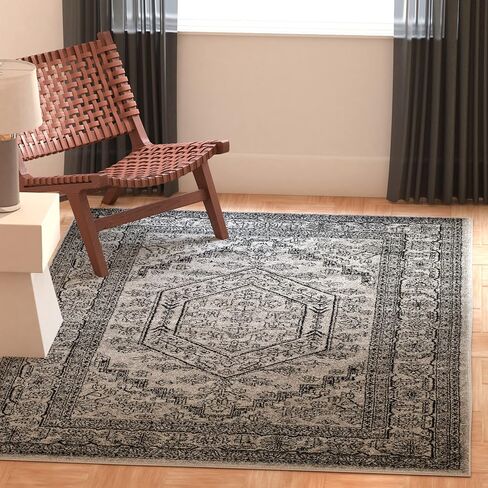 سجادة SAFAVIEH Adirondack Collection - 3' x 5'، فضي وأسود، تصميم ميدالية شرقية، لا يتساقط ويسهل العناية بها، مثالية للمناطق ذات حركة المرور العالية في المدخل، وغرفة المعيشة، وغرفة النوم (ADR108A) in Saudi Arabia