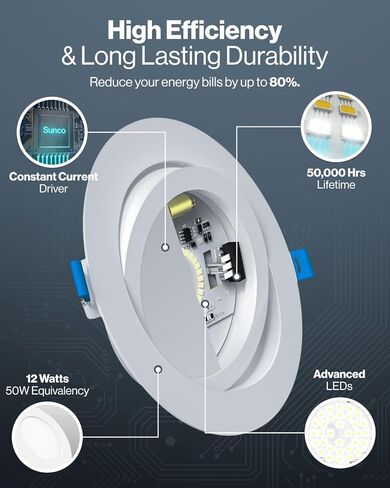 Sunco 4 Pack 4 Inch Gimbal LED Recessed Light Slim, 900LM High Brightness, 2700K/3000K/4000K/5000K/6000K Selectable, 8W, Angled Directional Canless Downlight with JBox - ETL & FCC in Kuwait