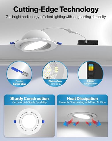 Sunco 4 Pack 4 Inch Gimbal LED Recessed Light Slim, 900LM High Brightness, 2700K/3000K/4000K/5000K/6000K Selectable, 8W, Angled Directional Canless Downlight with JBox - ETL & FCC in Kuwait