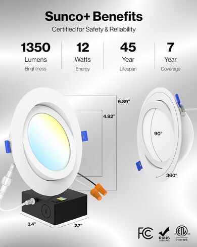 Sunco 4 Pack 4 Inch Gimbal LED Recessed Light Slim, 900LM High Brightness, 2700K/3000K/4000K/5000K/6000K Selectable, 8W, Angled Directional Canless Downlight with JBox - ETL & FCC in Kuwait