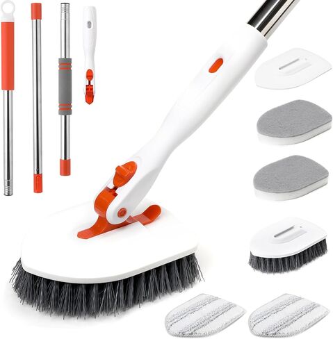 Shower Brush Scrubber with Long Handle, 54'' Extendable Floor Brush 3 in 1 bathroom scrubber with 2 microfiber Pads, 2 Sponge & 1 Stiff Bristles Brush,Cleaning Brush for Bathroom, Bathtub, Floor, Wall in Saudi Arabia