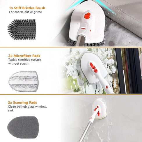 Shower Brush Scrubber with Long Handle, 54'' Extendable Floor Brush 3 in 1 bathroom scrubber with 2 microfiber Pads, 2 Sponge & 1 Stiff Bristles Brush,Cleaning Brush for Bathroom, Bathtub, Floor, Wall in Saudi Arabia