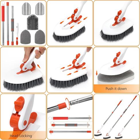 Shower Brush Scrubber with Long Handle, 54'' Extendable Floor Brush 3 in 1 bathroom scrubber with 2 microfiber Pads, 2 Sponge & 1 Stiff Bristles Brush,Cleaning Brush for Bathroom, Bathtub, Floor, Wall in Saudi Arabia