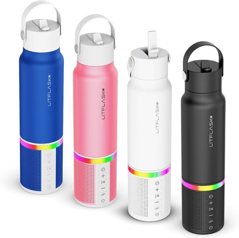 Smart Water Bottle with Premium Bluetooth Speaker, Portable Charger, LED Light, Hands-Free Mic, Insulated Stainless Steel, Straw Lid, BPA-Free, 20oz - Mix & Match Colorways in Saudi Arabia